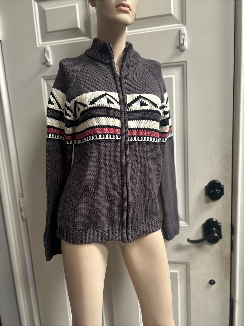Vtg Sears & Roebuck Women's Charcoal Zip-Up Nordic style Cardigan/Sweater Sz